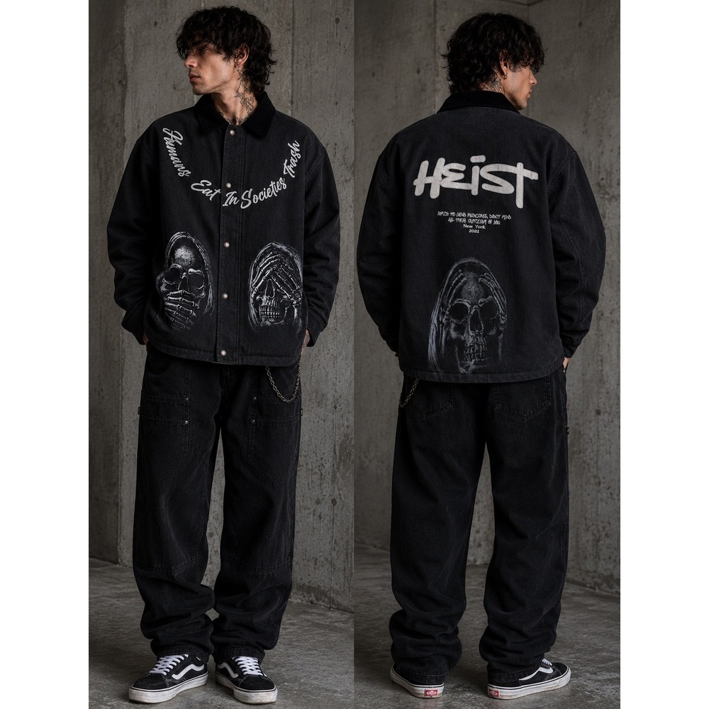 Humans Eat In Societies Trash HEIST Canvas Jacket Mens XL Black Skull Grunge Alt